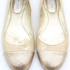 Jimmy Choo Tan & Gold Patent Glitter Flats Size 9